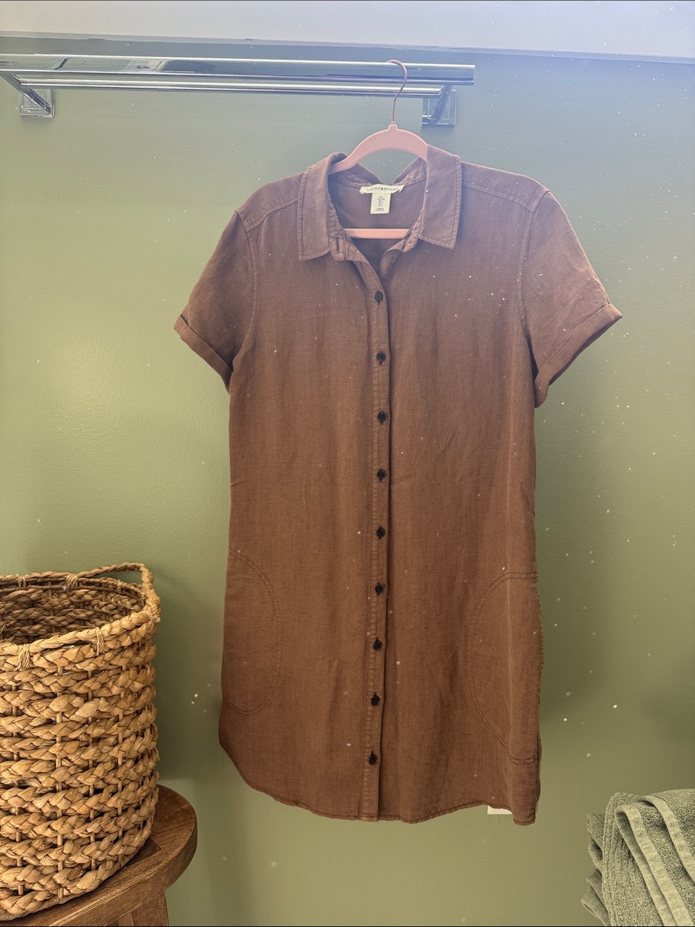 LUCKY BRAND Brown Linen Blend Short-Sleeve Button Front Mini Dress Sz L